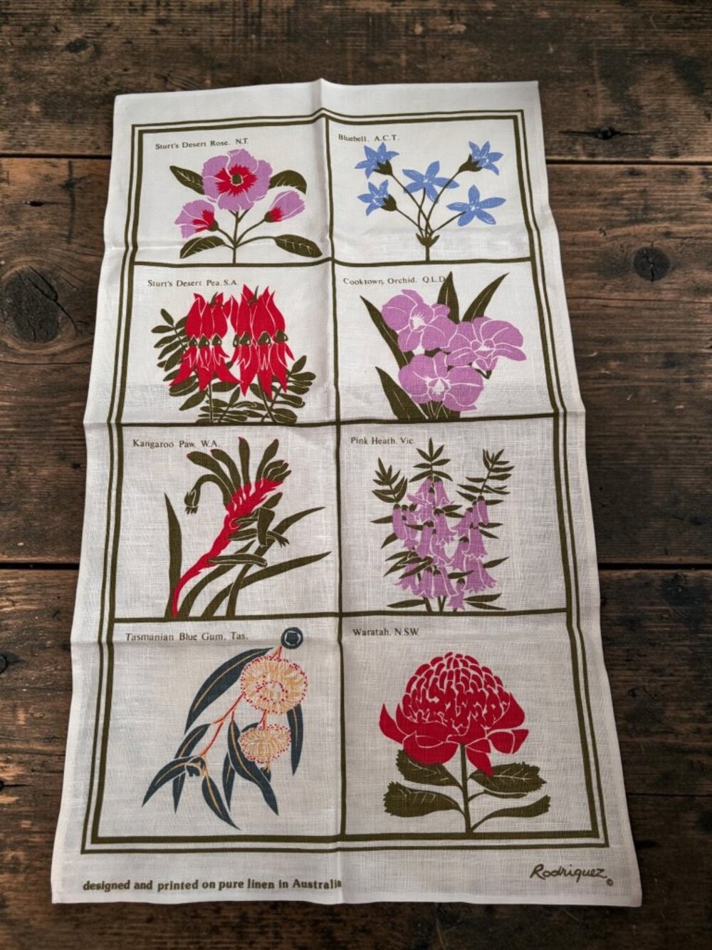 Australian Flowers Linen Tea Towel By Rodriguez - Pure Linen With Floral Print D